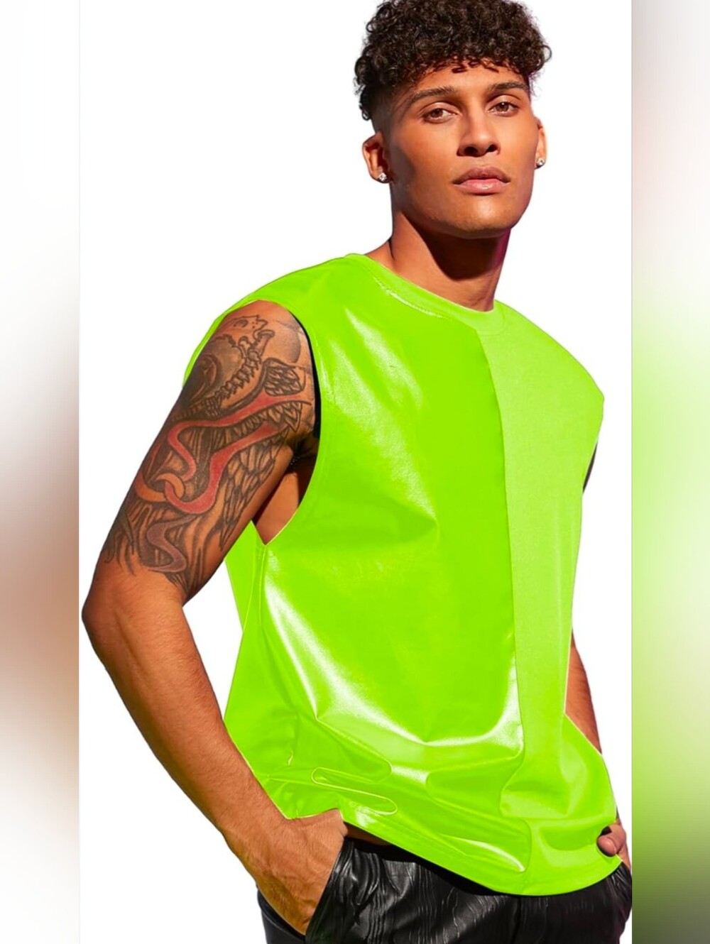 WDIRARA - two-tone synthetic skin sleeve-free shirt with round collar for men